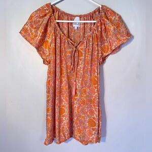 RAGA Anthropologie Orange White Pink Floral Blouse Shirt Size L